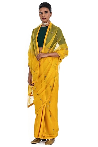 Yellow Organza Silk Embroidered Saree by Raw Mango