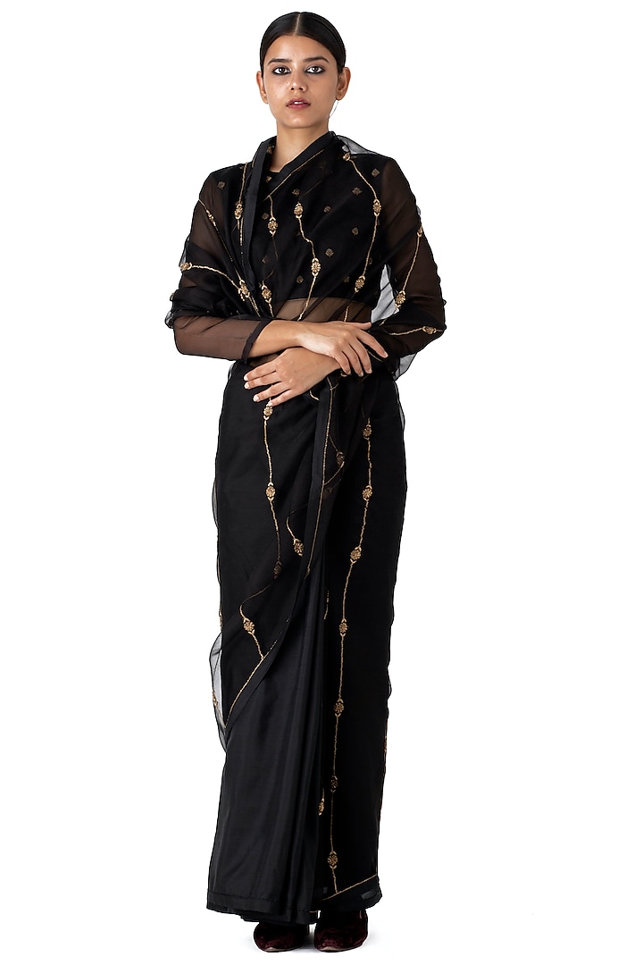 Black Organza Silk Embroidered Wedding Saree by Raw Mango at Pernia's Pop Up Shop