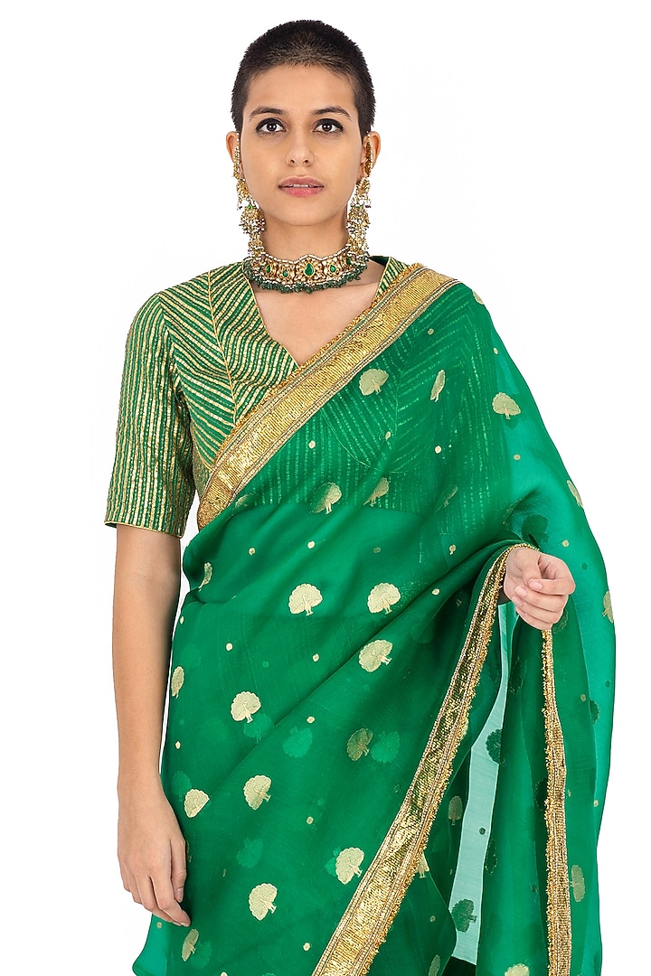 Green Organza & Silk Wedding Saree by Raw Mango at Pernia's Pop Up Shop