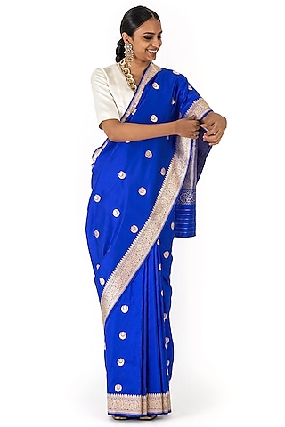 Royal Blue Silk Brocade Saree by Raw Mango