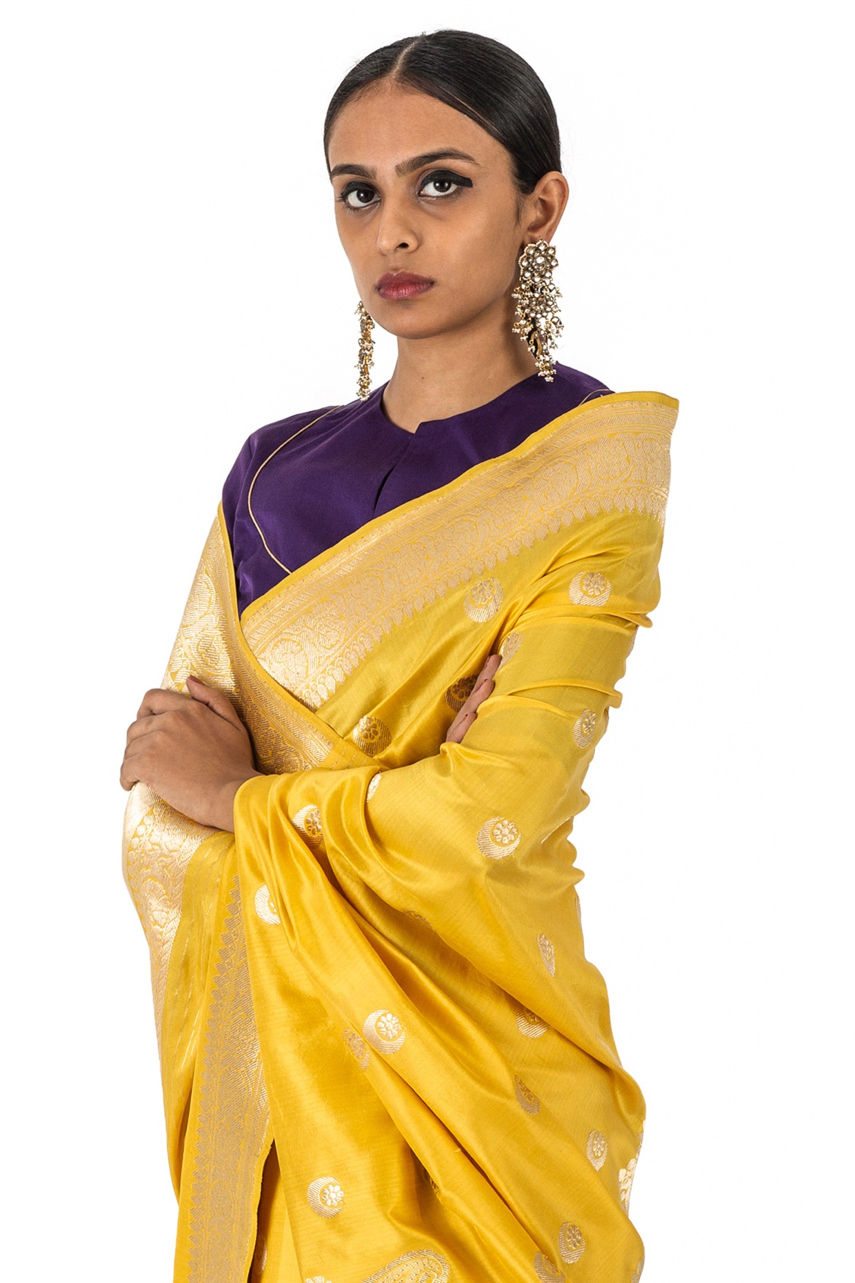 Shop mango yellow kanchi silk saree with silver buttas