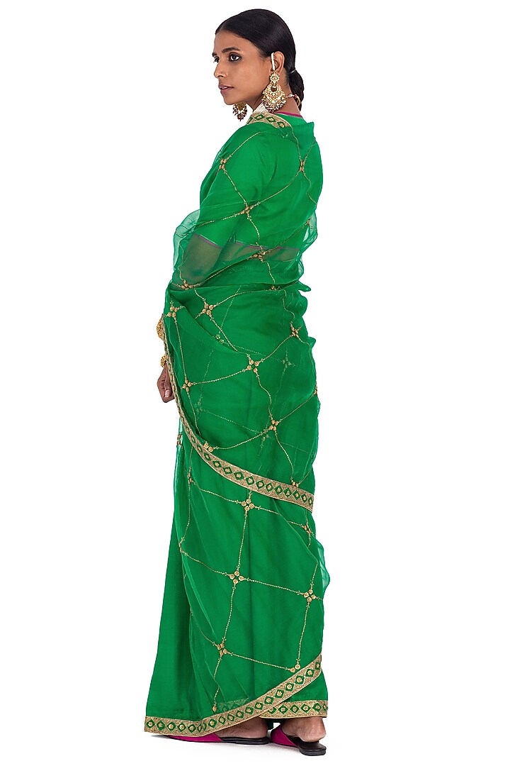 Green Organza & Silk Hand Embroidered Reception Saree by Raw Mango at Pernia's Pop Up Shop