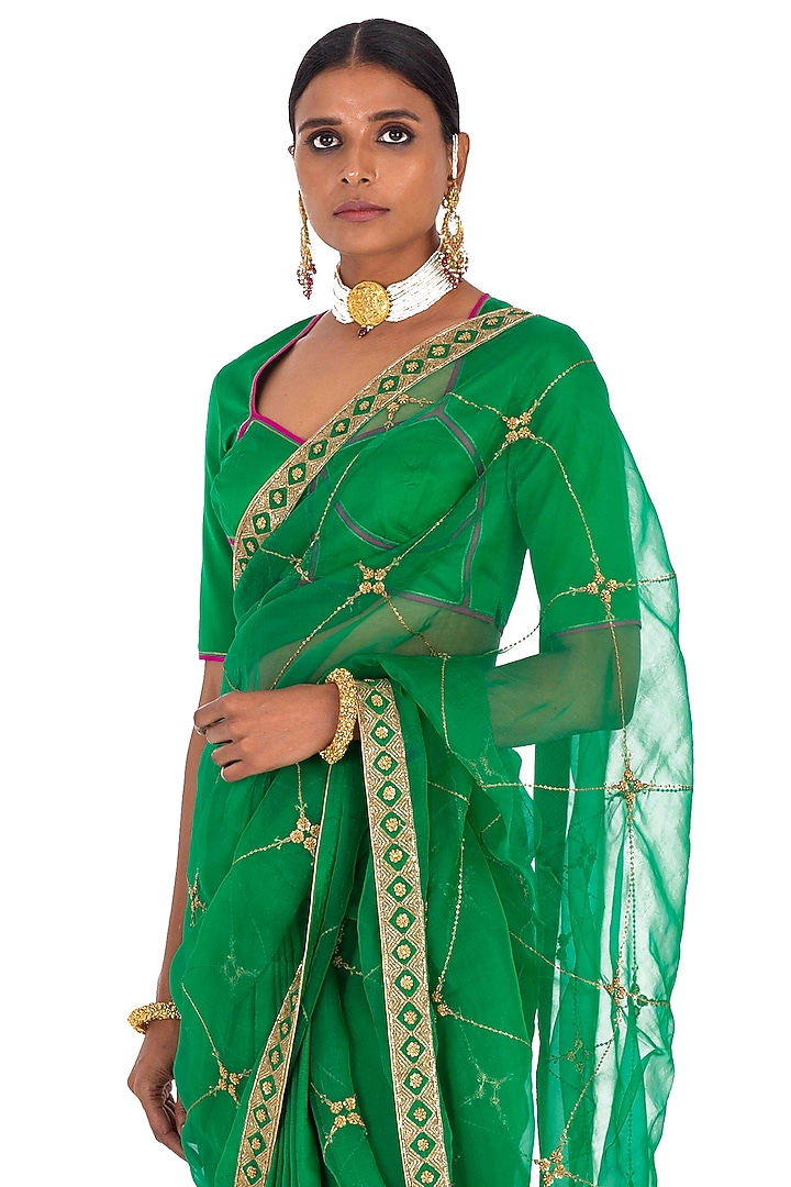 Green Organza & Silk Hand Embroidered Reception Saree by Raw Mango at Pernia's Pop Up Shop