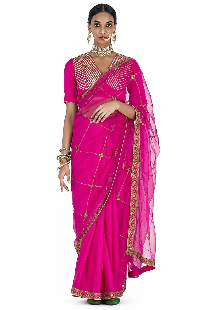 Rani Pink Organza & Silk Embroidered Saree by Raw Mango