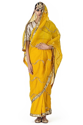 Yellow Sheer Organza Silk Hand Embroidered Saree by Raw Mango