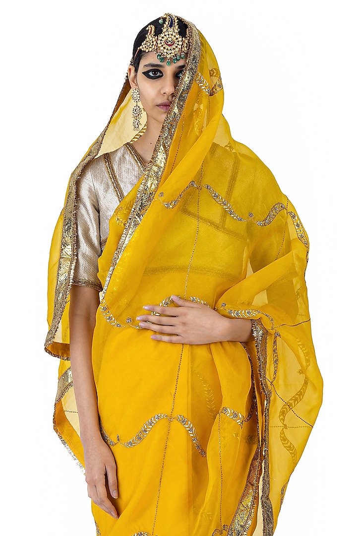 Yellow Sheer Organza Silk Hand Embroidered Reception Saree by Raw Mango at Pernia's Pop Up Shop