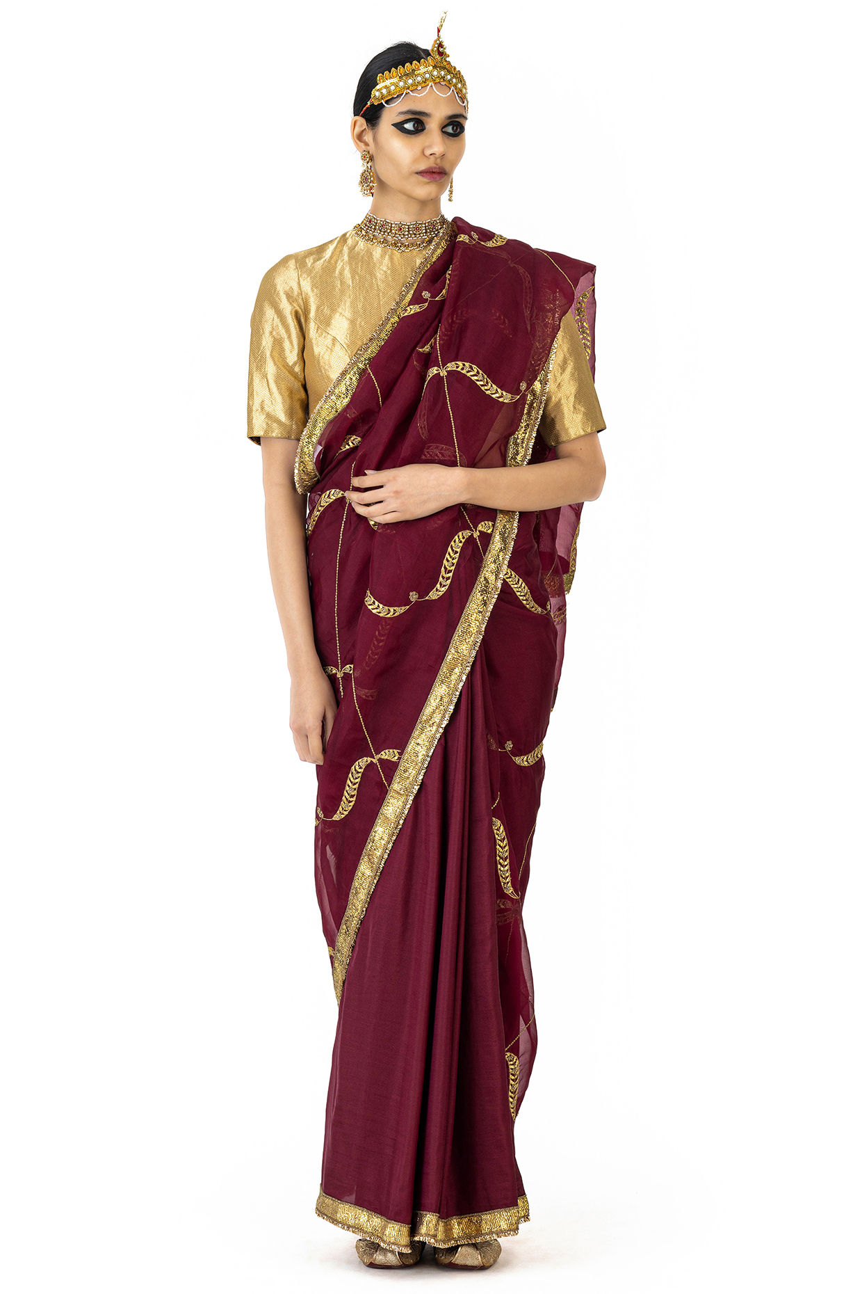 Maroon Sheer Organza Silk Hand Embroidered Reception Saree by Raw Mango at Pernia's Pop Up Shop