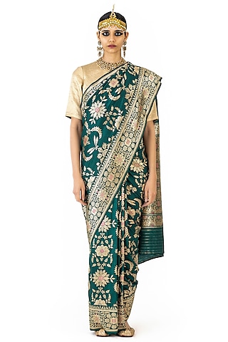 Forest Green Silk Brocade Saree by Raw Mango