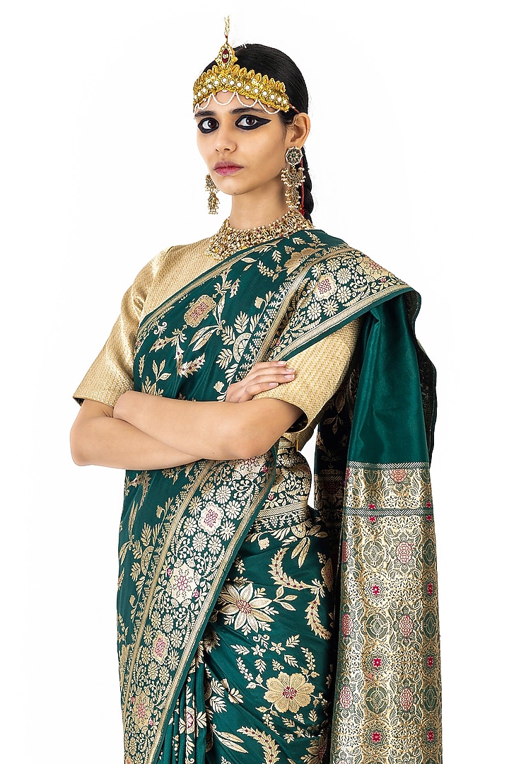 Forest Green Silk Brocade Reception Saree by Raw Mango at Pernia's Pop Up Shop