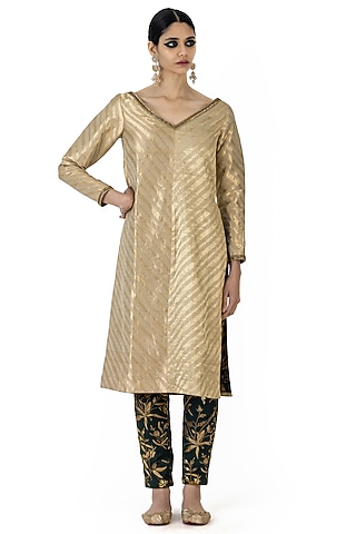 Golden Silk Tissue Brocade Kurta Set by Raw Mango