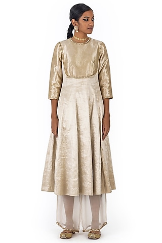 Ivory Silk Brocade Embroidered Kurta Set by Raw Mango