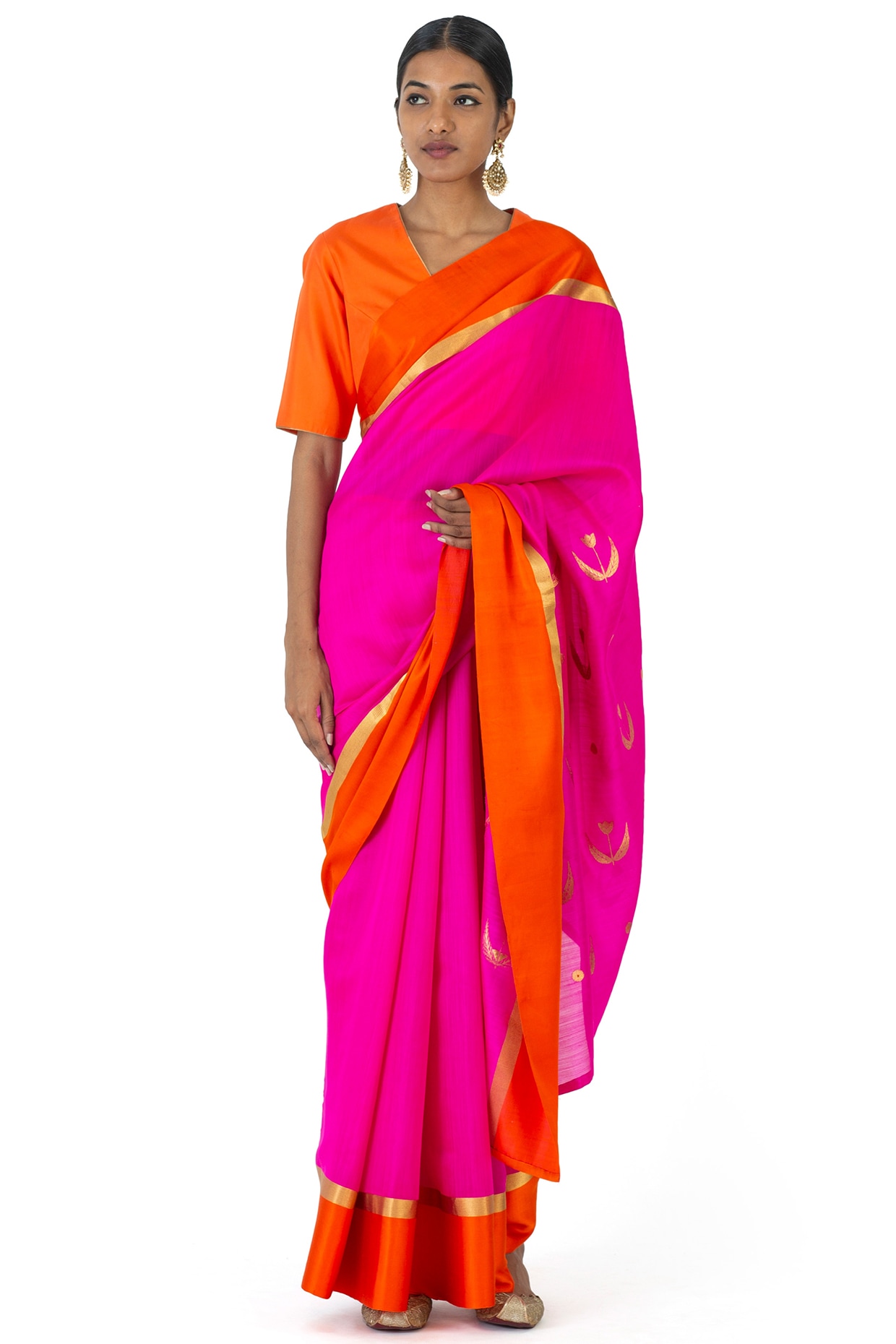 Bright Pink Chanderi Silk Blouse with Gold Zari Checks and Motifs - Tulsi  Weaves