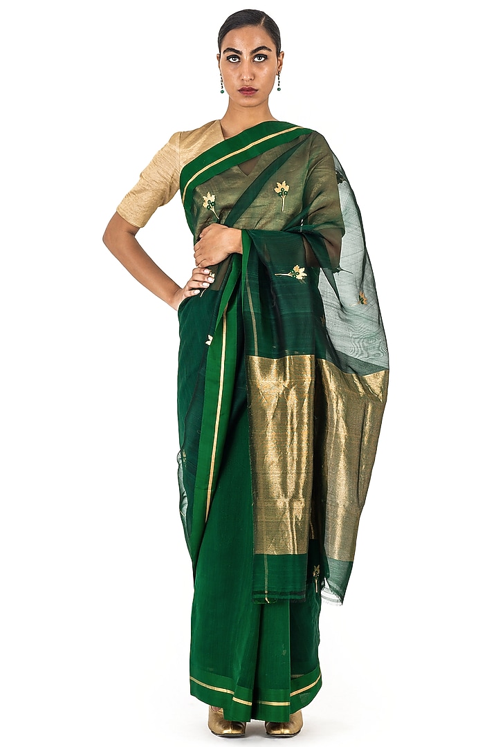 Deep Green Chanderi Silk Cotton Party Wear Saree by Raw Mango at Pernia's Pop Up Shop