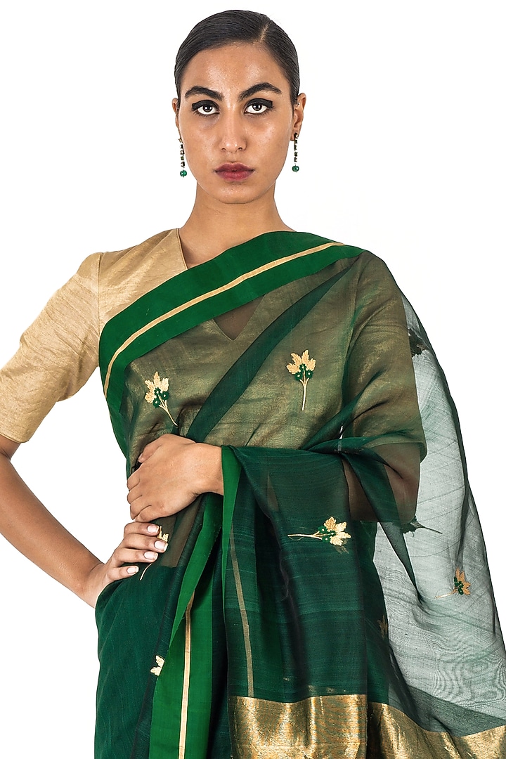 Deep Green Chanderi Silk Cotton Party Wear Saree by Raw Mango at Pernia's Pop Up Shop
