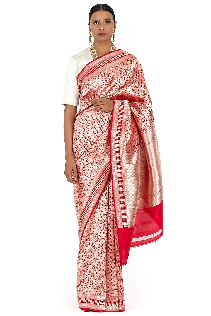 Red Silk Brocade Wedding Saree by Raw Mango at Pernia's Pop Up Shop