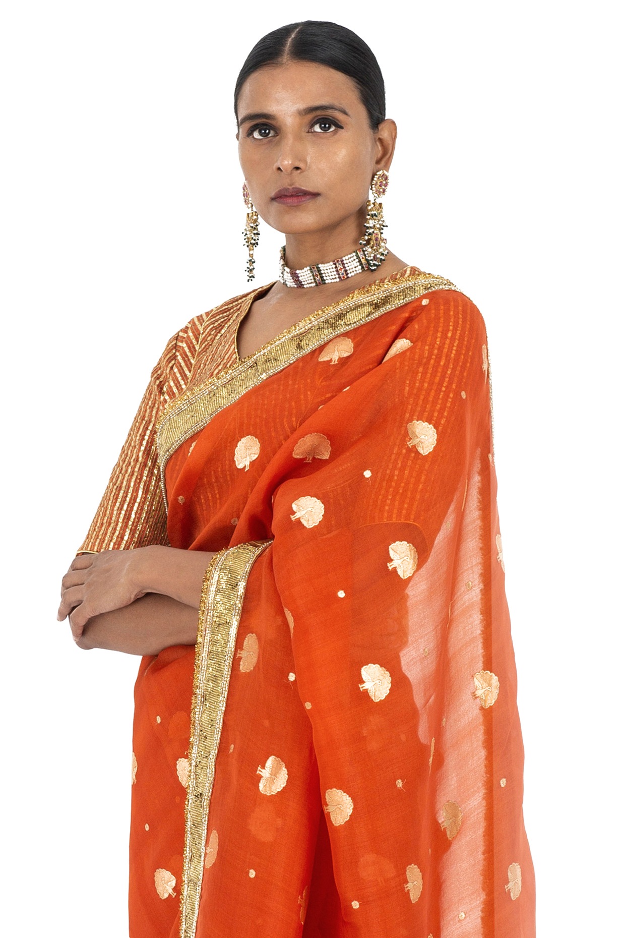 Partywear Orange Colored Marble Lining Patch, Border Work Saree – Lady India