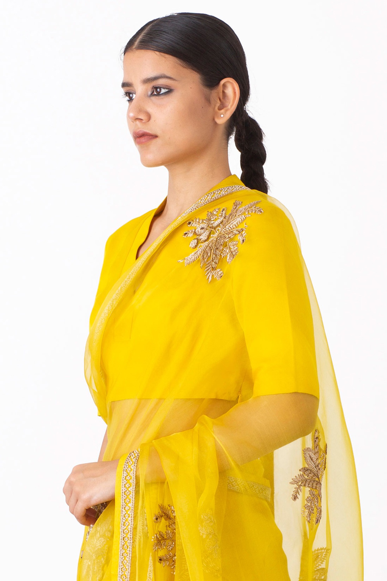 Embroidered Organza Yellow Saree with Blouse - SR24260