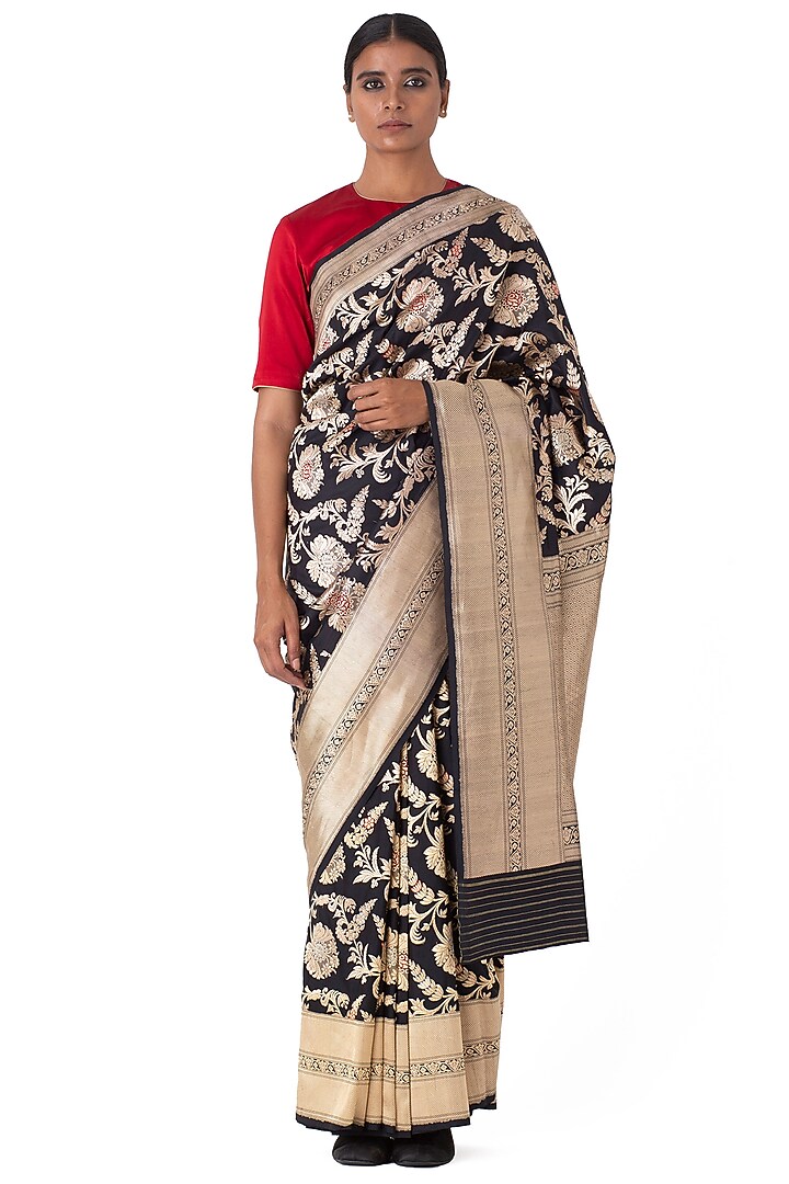 Black Silk Brocade Reception Saree by Raw Mango at Pernia's Pop Up Shop