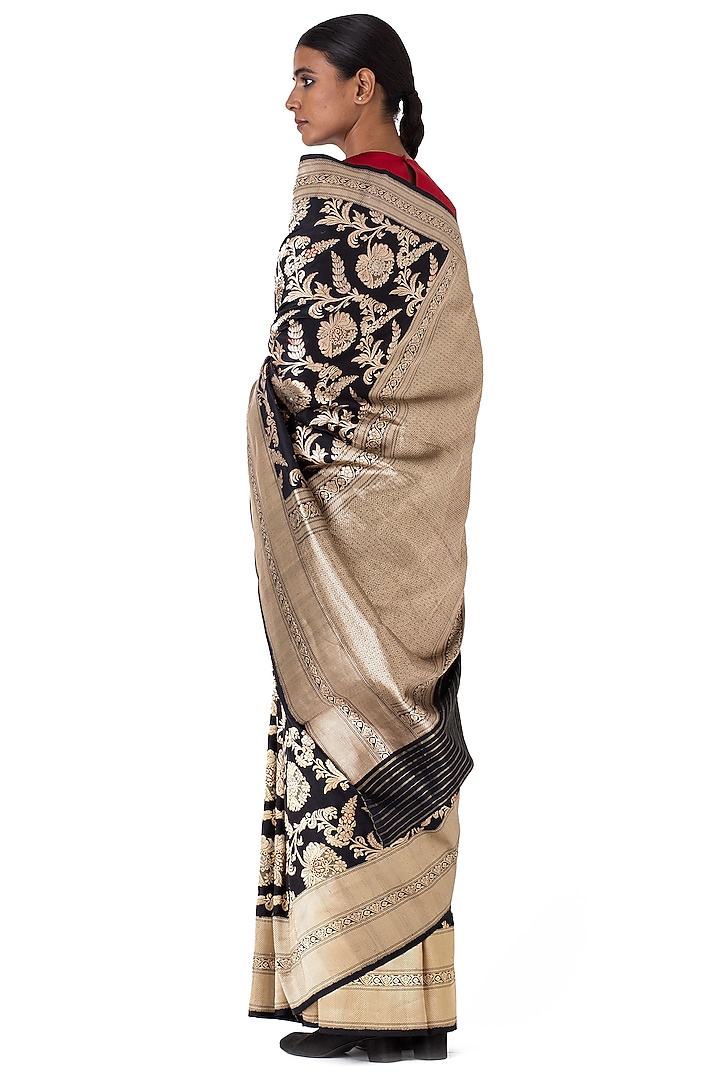 Black Silk Brocade Reception Saree by Raw Mango at Pernia's Pop Up Shop