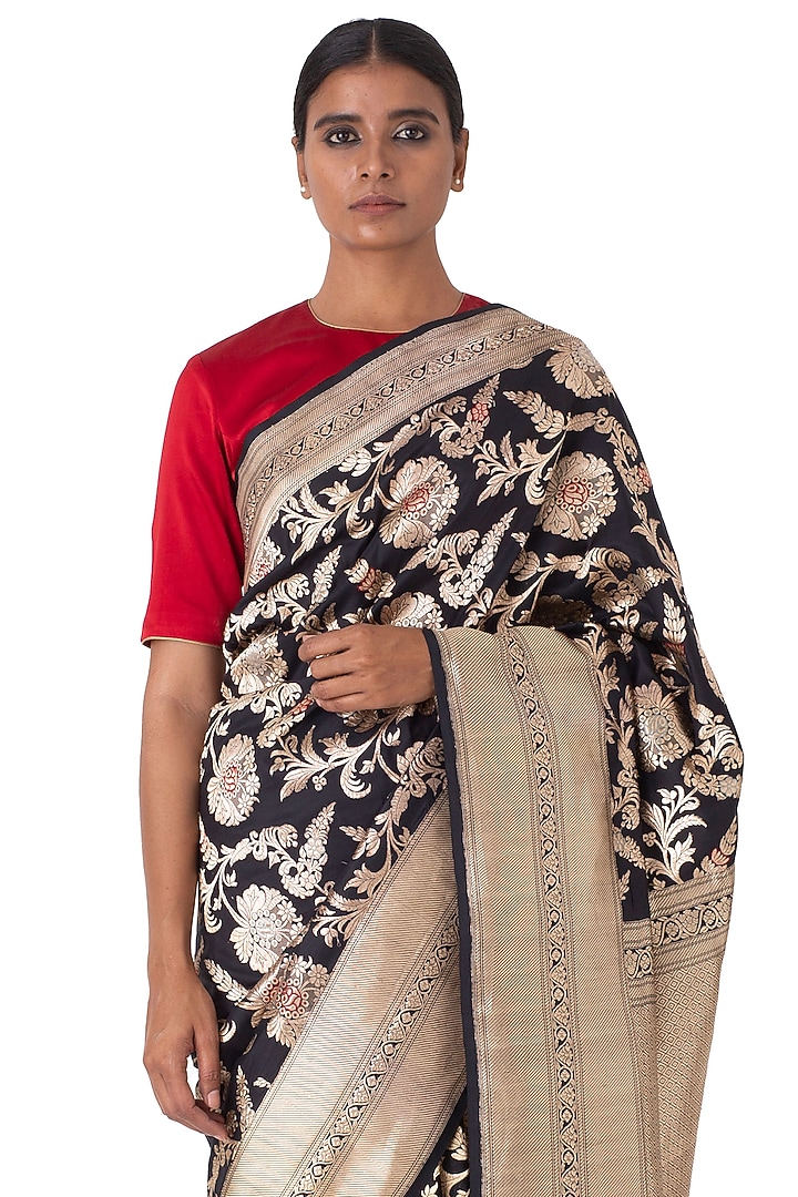 Black Silk Brocade Reception Saree by Raw Mango at Pernia's Pop Up Shop