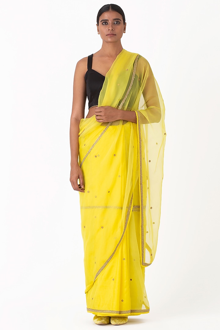 Yellow Sheer Organza Silk & Silk Embroidered Wedding Saree by Raw Mango at Pernia's Pop Up Shop