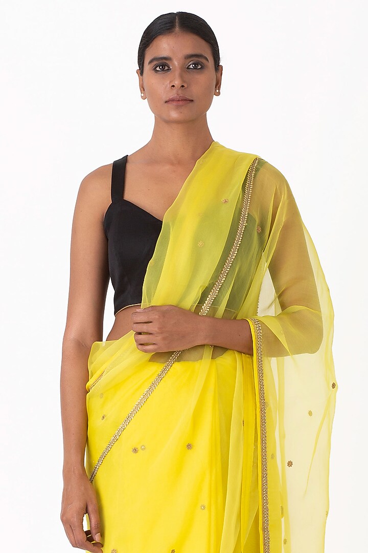 Yellow Sheer Organza Silk & Silk Embroidered Wedding Saree by Raw Mango at Pernia's Pop Up Shop