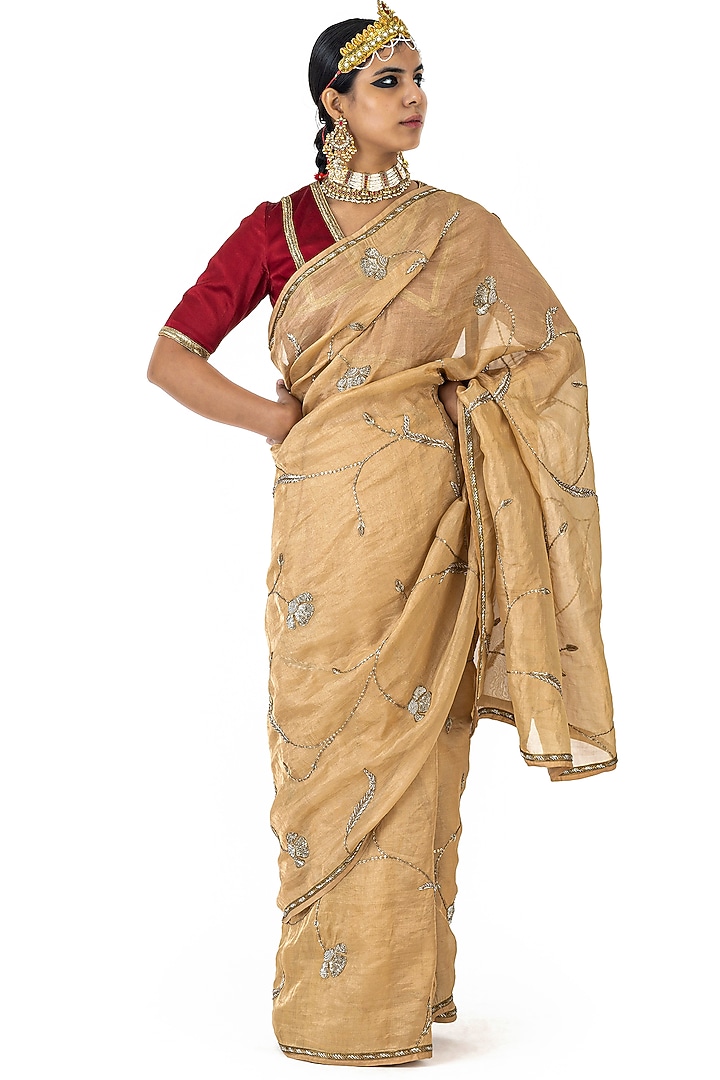 Gold Sheer Organza Silk & Silk Embroidered Reception Saree by Raw Mango at Pernia's Pop Up Shop