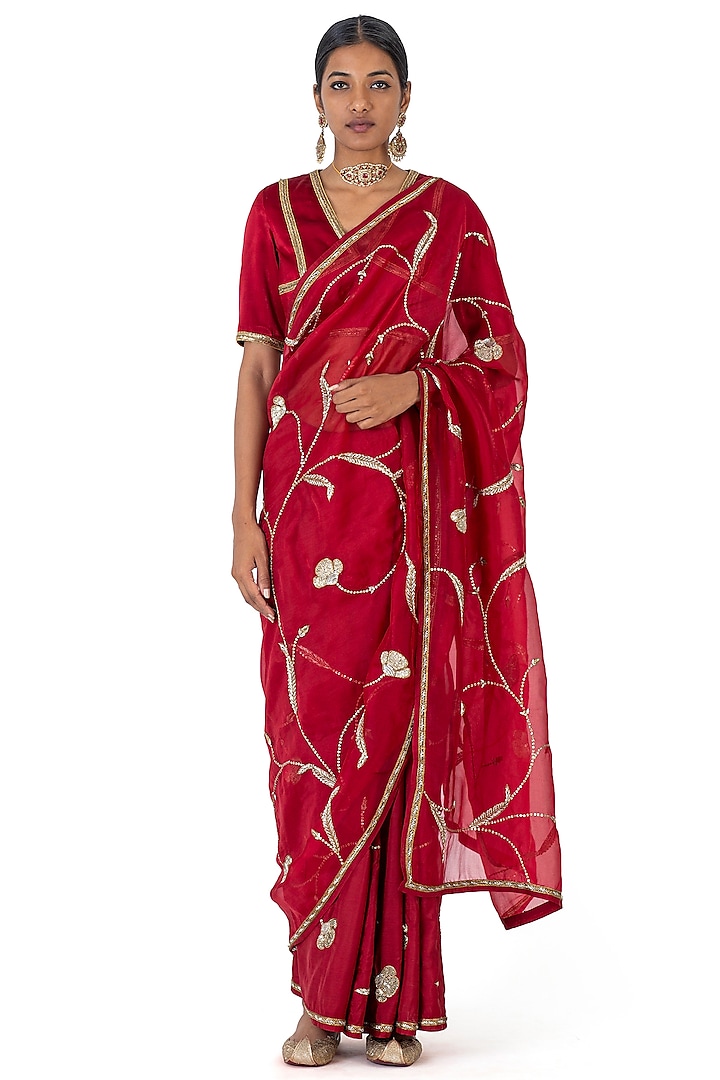 Maroon Sheer Organza Silk & Silk Embroidered Saree by Raw Mango at Pernia's Pop Up Shop