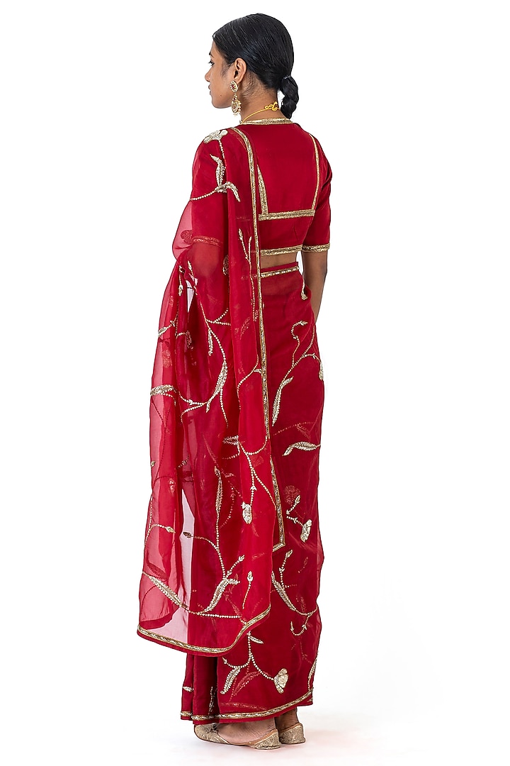 Maroon Sheer Organza Silk & Silk Embroidered Reception Saree by Raw Mango at Pernia's Pop Up Shop