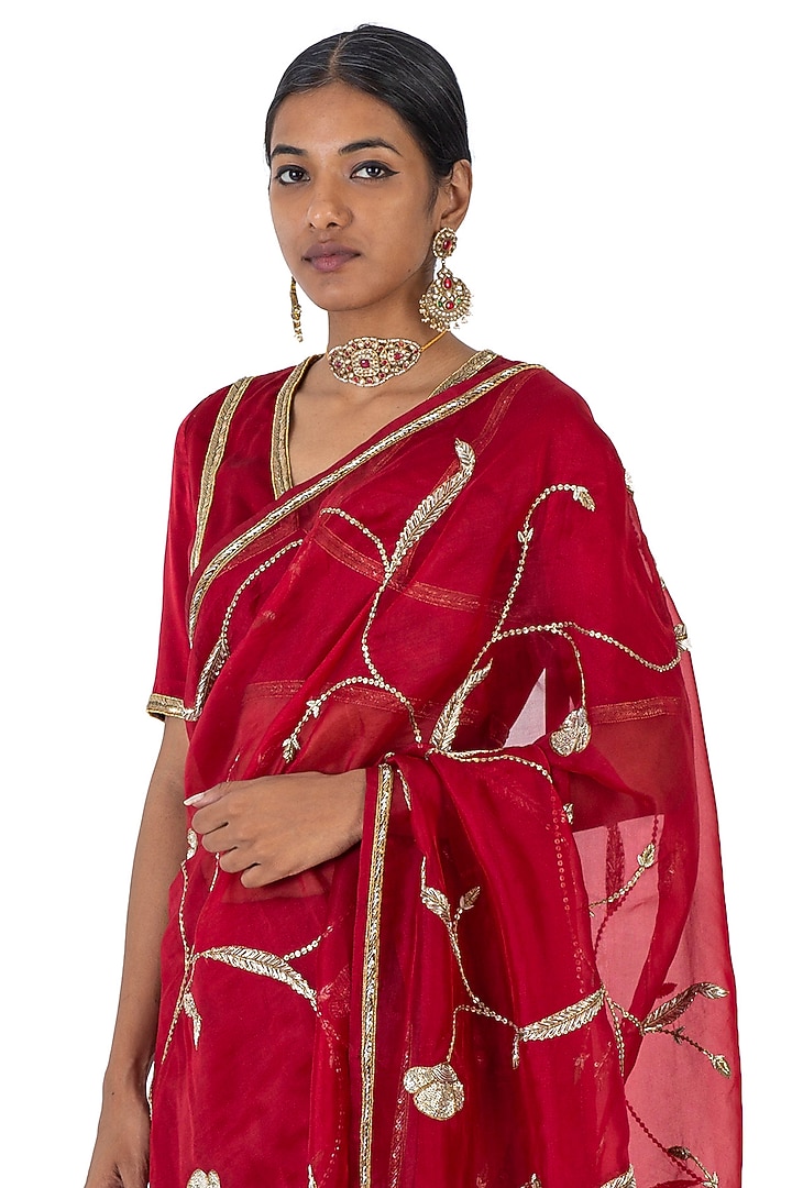 Maroon Sheer Organza Silk & Silk Embroidered Reception Saree by Raw Mango at Pernia's Pop Up Shop