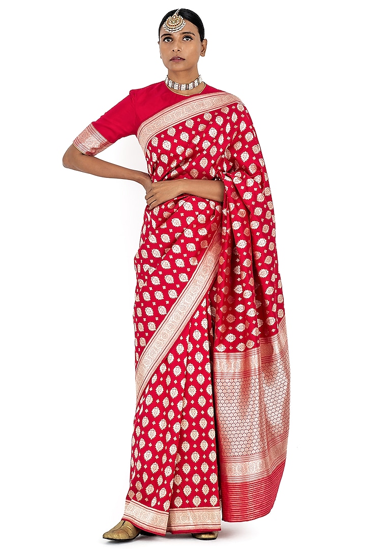 Red Varanasi Silk Brocade Saree by Raw Mango at Pernia's Pop Up Shop