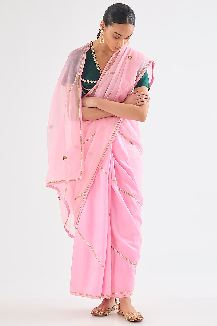 Pink Sheer Organza Silk Peacock Motif Saree by Raw Mango at Pernia's Pop Up Shop