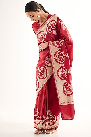 Red Varanasi Silk Brocade Floral Saree by Raw Mango