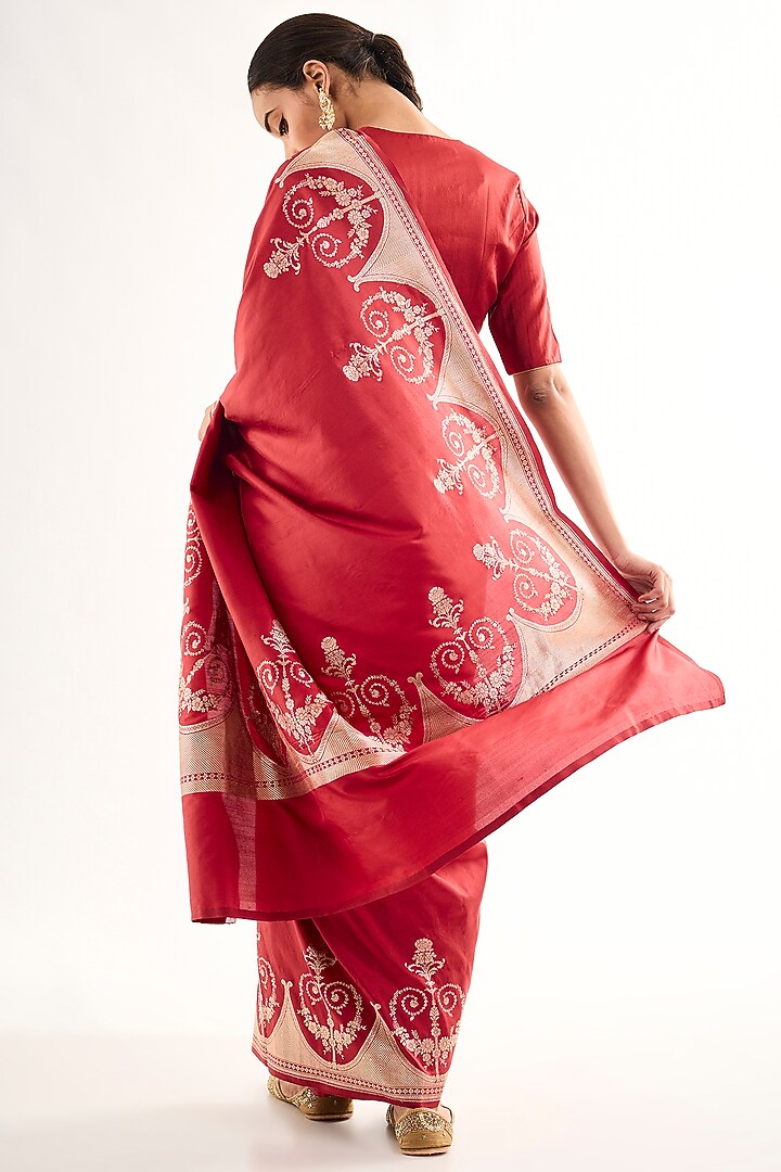 Red Varanasi Silk Brocade Floral Wedding Saree by Raw Mango at Pernia's Pop Up Shop