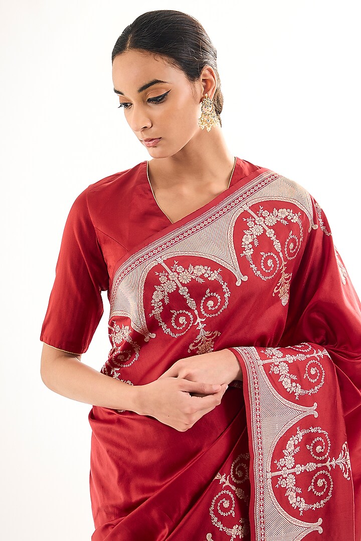 Red Varanasi Silk Brocade Floral Wedding Saree by Raw Mango at Pernia's Pop Up Shop