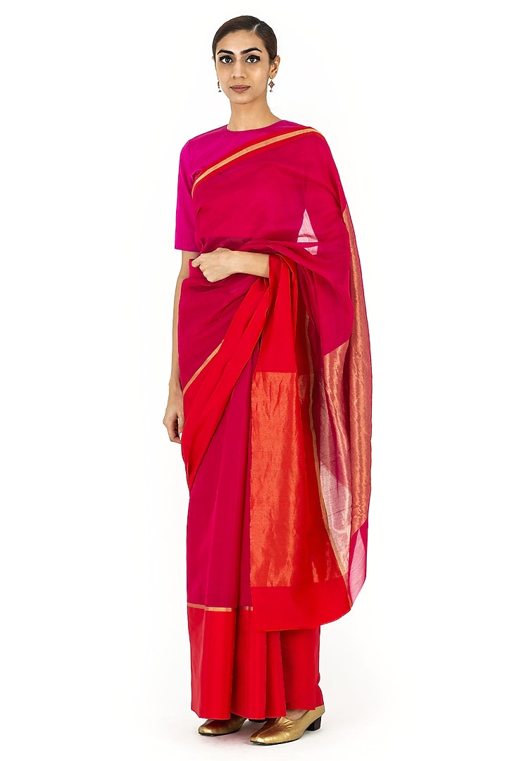 Red Chanderi Cotton Handwoven Festive Saree by Raw Mango at Pernia's Pop Up Shop