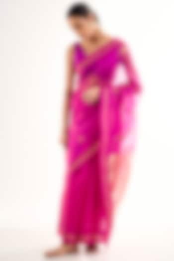 Pink Chanderi Silk Cotton Floral Motif Party Wear Saree by Raw Mango at Pernia's Pop Up Shop