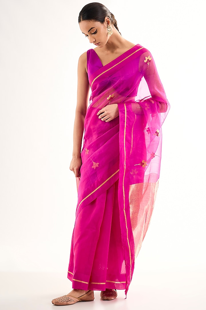 Pink Chanderi Silk Cotton Floral Motif Party Wear Saree by Raw Mango at Pernia's Pop Up Shop