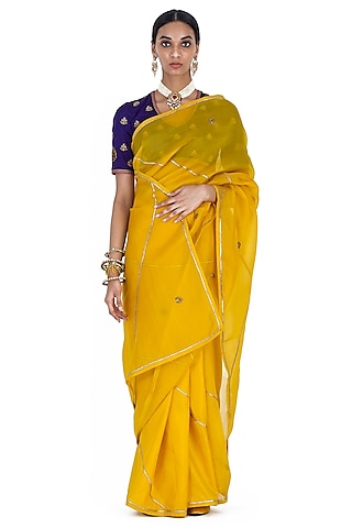 Yellow Sheer Organza Silk Peacock Motif Embroidered Saree by Raw Mango