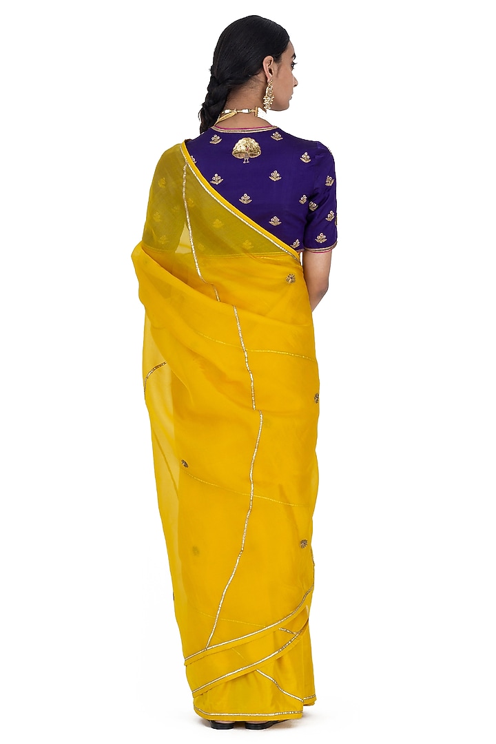 Yellow Sheer Organza Silk Peacock Motif Embroidered Party Wear Saree by Raw Mango at Pernia's Pop Up Shop