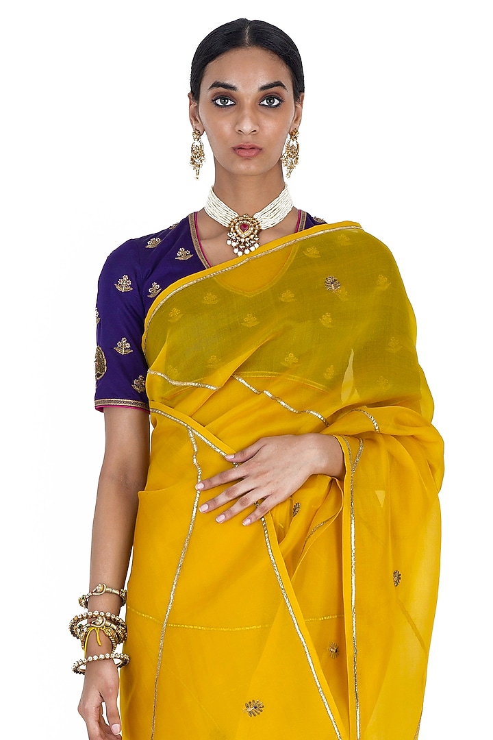 Yellow Sheer Organza Silk Peacock Motif Embroidered Party Wear Saree by Raw Mango at Pernia's Pop Up Shop