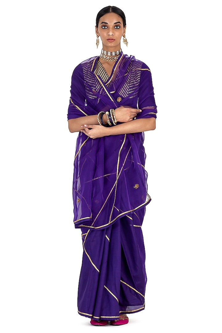 Purple Sheer Organza Silk Peacock Motif Embroidered Saree by Raw Mango at Pernia's Pop Up Shop