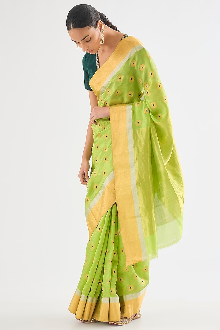 Lime Green Chanderi Silk Saree by Raw Mango at Pernia's Pop Up Shop