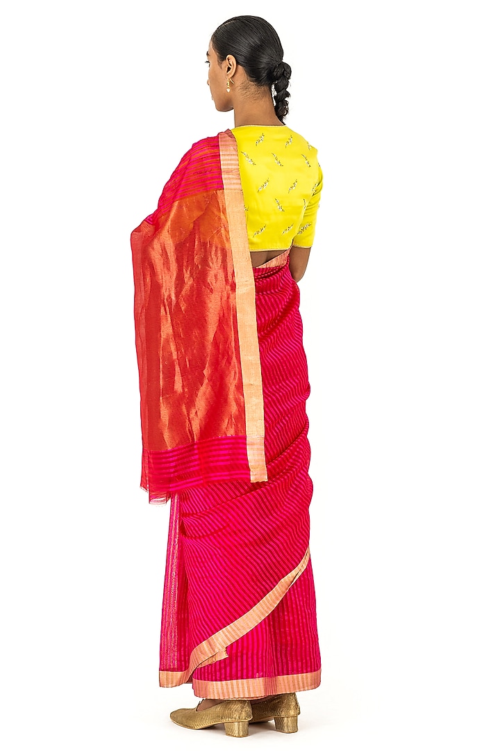 Rani Pink & Red Chanderi Silk Striped Handwoven Party Wear Saree by Raw Mango at Pernia's Pop Up Shop