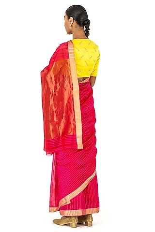 Rani Pink & Red Chanderi Silk Striped Handwoven Saree by Raw Mango