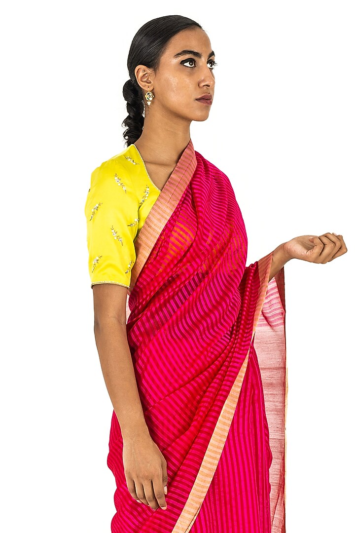 Rani Pink & Red Chanderi Silk Striped Handwoven Party Wear Saree by Raw Mango at Pernia's Pop Up Shop