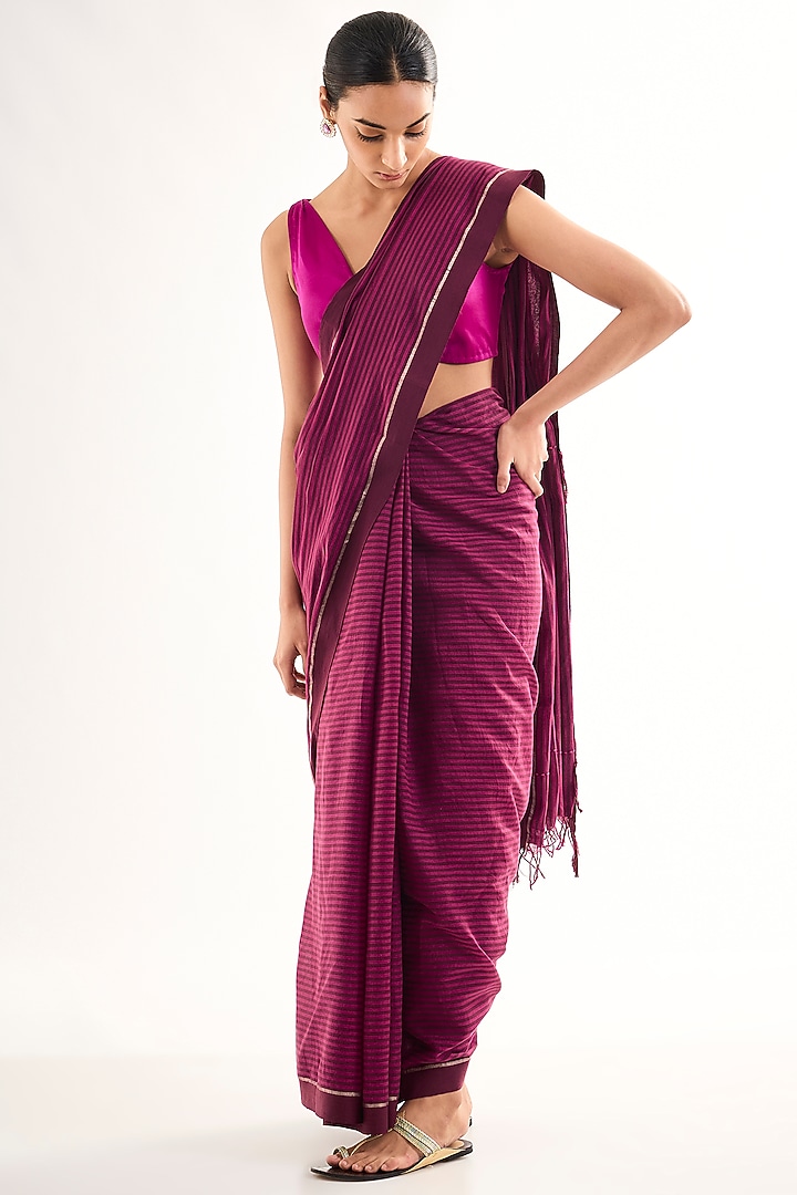 Maroon Bengal Cotton handwoven Festive Saree by Raw Mango at Pernia's Pop Up Shop
