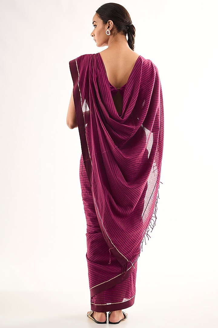 Maroon Bengal Cotton handwoven Festive Saree by Raw Mango at Pernia's Pop Up Shop