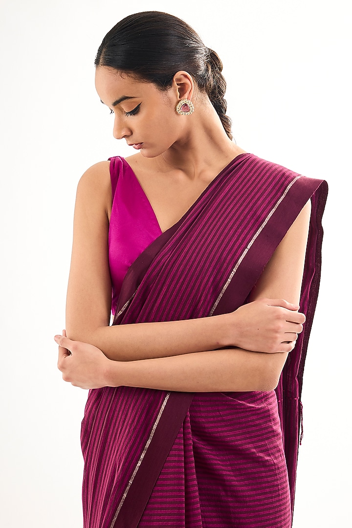 Maroon Bengal Cotton handwoven Festive Saree by Raw Mango at Pernia's Pop Up Shop
