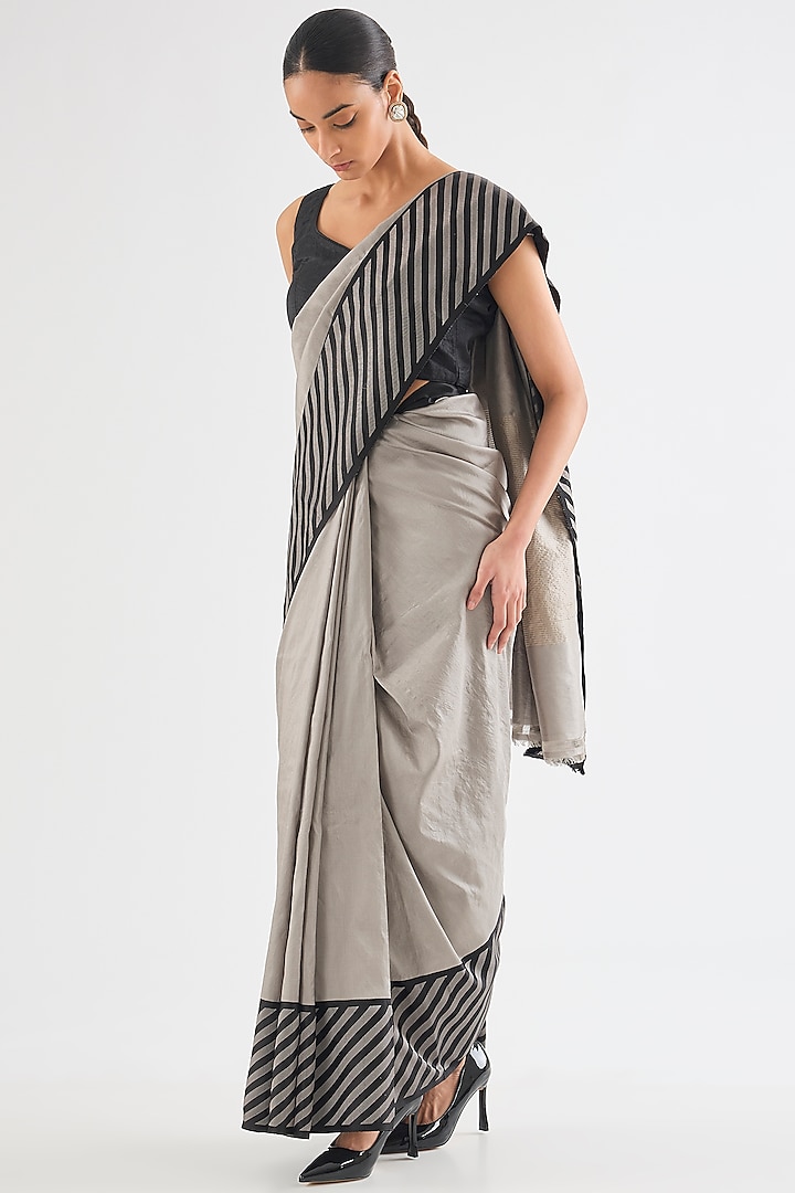 Grey Mashru Silk Striped Saree by Raw Mango at Pernia's Pop Up Shop